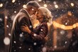 Elderly couple dancing gently under softly falling snow.
