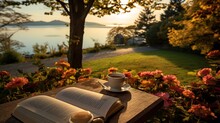 Breakfast Table Set Under Autumn Trees, Overlooking Lake In Japan. Bouquet Of Flowers, Cup Of Tea, Books Adorn The Table. Reflection Of The Mountains And Trees In The Lake Creates A Beautiful Scene.