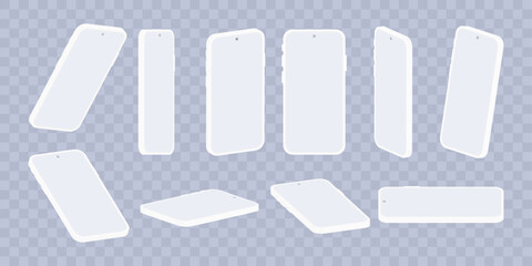 Poster - Smart phone and clay phone mockup, Realistic mobile with different angles view collection. White smartphones in various angles with blank screens. Vector.