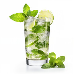 mojito cocktail with mint and lemon, isolated on white