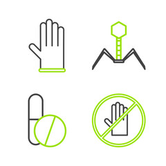 Sticker - Set line No handshake, Medicine pill or tablet, Bacteria bacteriophage and Medical rubber gloves icon. Vector