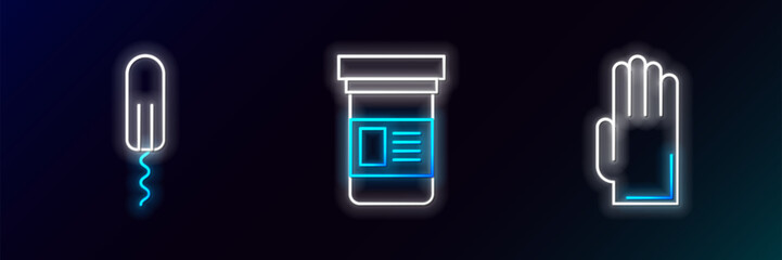 Canvas Print - Set line Rubber gloves, Sanitary tampon and Medicine bottle icon. Glowing neon. Vector