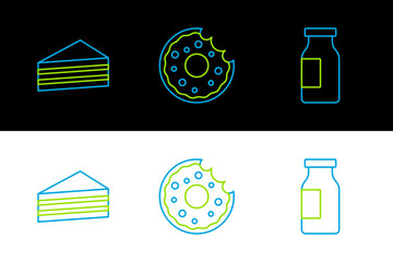 Poster - Set line Bottle with milk, Cake and Donut icon. Vector