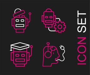 Poster - Set line Robot charging battery, setting and icon. Vector