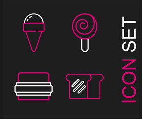 Poster - Set line Bread toast, Burger, Lollipop and Ice cream in waffle cone icon. Vector