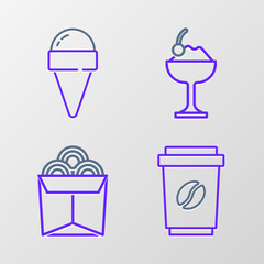 Canvas Print - Set line Coffee cup to go, Noodles in box, Ice cream bowl and waffle cone icon. Vector