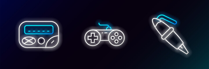 Poster - Set line Fountain pen nib, Pager and Gamepad icon. Glowing neon. Vector