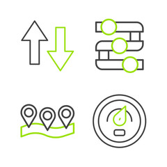Poster - Set line Digital speed meter, Location, Graph, chart, diagram and Arrow icon. Vector