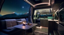 A Modern Luxury Camper Van With A Rooftop Cinema And Starlit Ceiling.