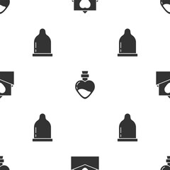 Poster - Set Envelope with Valentine heart, Bottle love potion and Condom on seamless pattern. Vector