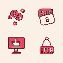 Poster - Set Hanging sign with Open, Coin money dollar, New price tag and Shopping cart computer icon. Vector