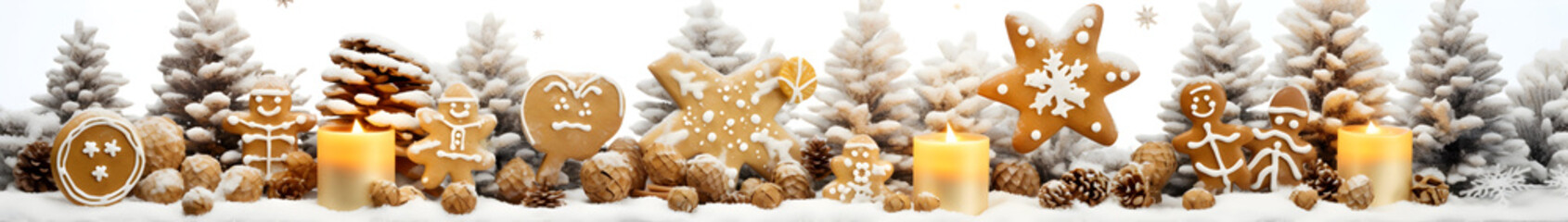 Wall Mural - burning christmas candles, gingerbread pieces and cones on snow covered ground and white background 