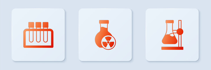 Poster - Set Test tube with toxic liquid, and flask on stand. White square button. Vector