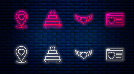 Wall Mural - Set line Wedding cake with heart, Heart wings, Location and Dating app online. Glowing neon icon on brick wall. Vector