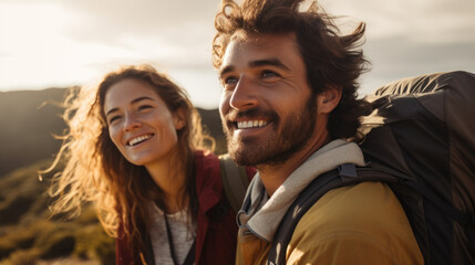 Young woman and man trekking happily enjoying natural