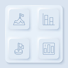 Poster - Set line Mountains with flag, Graph, chart, diagram, Flag and Pie infographic. White square button. Vector