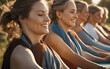 © julien.habis - Closeup on a group of smiling perfect faces women doing yoga outdoors, on yoga mats, in lotus position, with eyes
