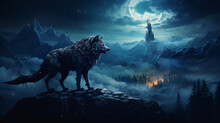 Mountain Landscape With Full Moon And A Wolf Werewolf