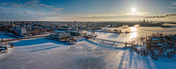 Sticker - Oulu city. Pikisaari island and bridge at wintertime, Finland