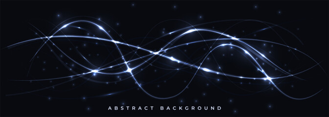 Poster - Dark technology vector abstract background with light translucent luminous lines and highlights. Futuristic science tech wide banner. Vector illustration