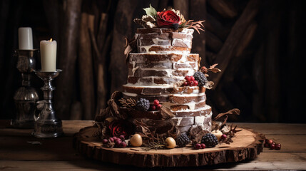 christmas cake on the wood table 