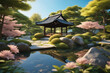 Idylischer Japanischer Garten mit Teich und wegen die zu einem Pavillion führen. Sonnenschein .  KI Generated