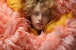 Feathers of Pink and a Glimpse of the Woman's Alluring Blonde Hair and Mesmerising Blue Eyes - A woman with blonde hair and blue eyes wearing pink feathers - High fashion editorial shoot