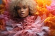 © AI Visual Vault - Colourful ruffled Dress Worn by a Blonde Woman With Vibrant Style - High fashion editorial shoot