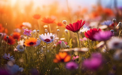 Wall Mural - Flower field in sunlight, spring or summer garden background in closeup macro.