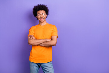 Canvas Print - Portrait of creative minded man folded hands look empty space contemplate isolated on purple color background