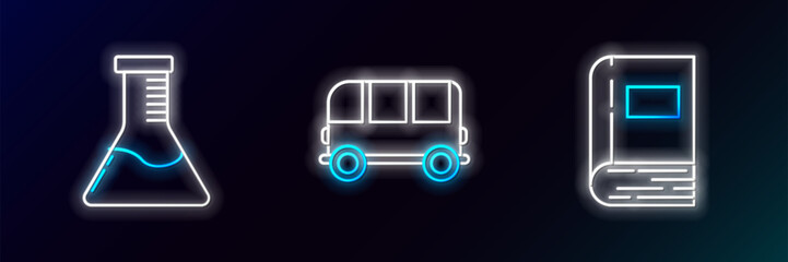 Sticker - Set line Book, Test tube and flask chemical laboratory and School Bus icon. Glowing neon. Vector