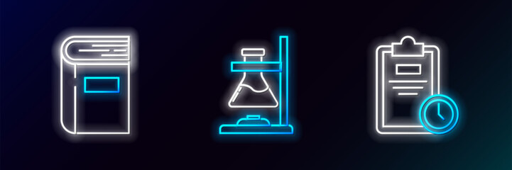 Wall Mural - Set line Exam sheet with clock, Book and Glass test tube flask on fire icon. Glowing neon. Vector