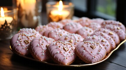 Wall Mural - A plate of freshly baked and beautifully iced heart shaped cookies on a plate