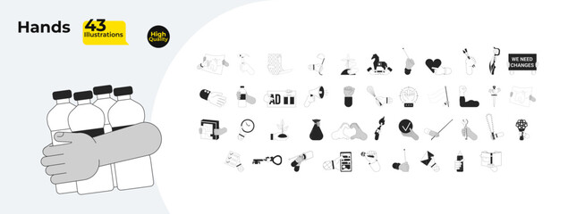 Poster - Hands doing things cartoon human hands outline illustration bundle. Bottles carrying, smartphone using 2D isolated black and white vector image collection. Tools flat monochromatic drawing clip arts