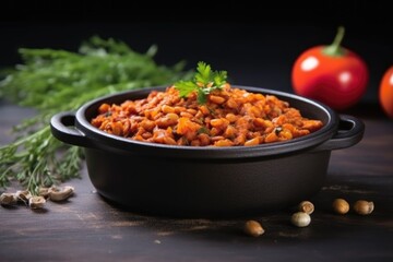 Poster - baked beans in black bowl on stone table