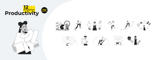 Poster - Productivity employees black and white 2D illustration concepts bundle. Productive people cartoon outline characters isolated on white. Performance high metaphor monochrome vector art collection