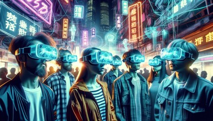 Under the neon glow of a futuristic city street at night, a group of people immersed in virtual reality goggles explore a virtual shopping experience within a towering building, each person transform