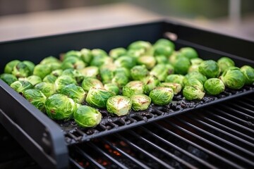 Sticker - grilling pan full of brussels sprouts on bbq grill