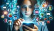 © Glittering Humanity - A futuristic woman takes a screenshot while shopping indoors, her phone held tightly in her hand as she exudes confidence and style