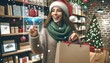 A joyous woman donning a futuristic santa hat and clutching a shopping bag radiates warmth and cheer as she navigates through a winter wonderland of clothing, shelves, and holiday decorations