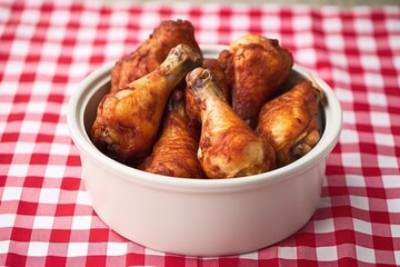 Sticker - bbq drumsticks in a white bowl with a checkered tablecloth background