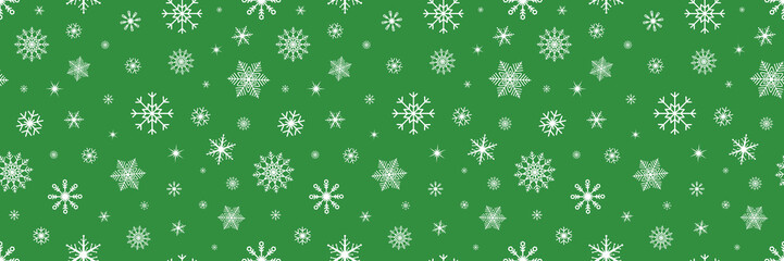 Wall Mural - White snowflakes on green banner. Snowflake Christmas background. Happy Holiday card. Hello winter border. Color snowfall frame. Flying confetti. Celebration design. Vector illustration