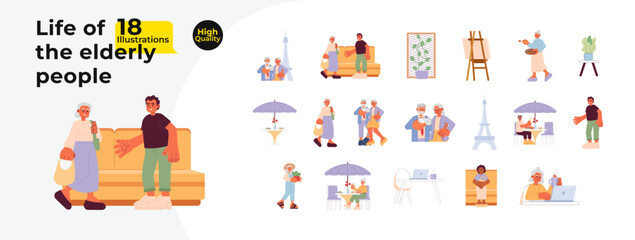 Fototapete - active retiree pensioners cartoon flat illustration bundle. grandparent old people 2d characters, ob