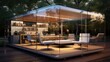 A sleek outdoor workspace with transparent walls and ergonomic furniture.