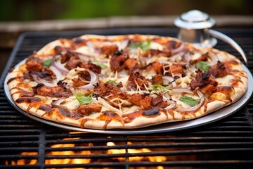 Sticker - brown and crispy bbq pizza on a metal grill