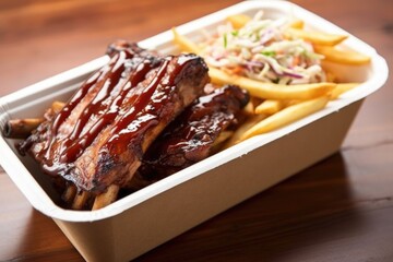 Sticker - bbq ribs with fries and coleslaw in a takeout box