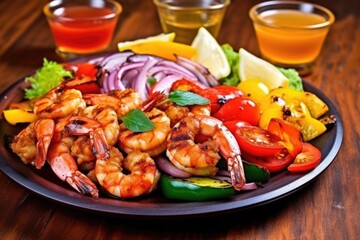 Sticker - bbq spiced shrimps with assorted colorful vegetables