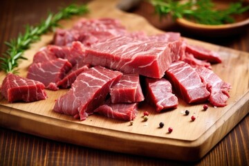 Wall Mural - beef slices on a wooden chopping board