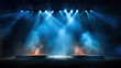 Illuminated stage with scenic lights and smoke. Blue vector spotlight with smoke volume light effect on black background. Stadium cloudiness projector. Generative AI
