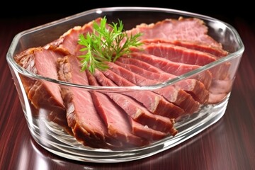 Poster - smoked beef brisket slices in a glass dish